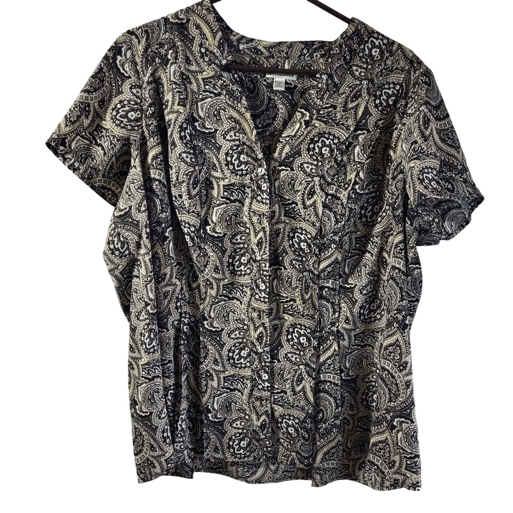 Croft & Barrow Womens 1X Paisley Button Up Shirt Black Taupe Short Sleeve Blouse